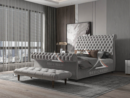 Suave Swan Chesterfield Scroll Sleigh Bed - Bed Creed