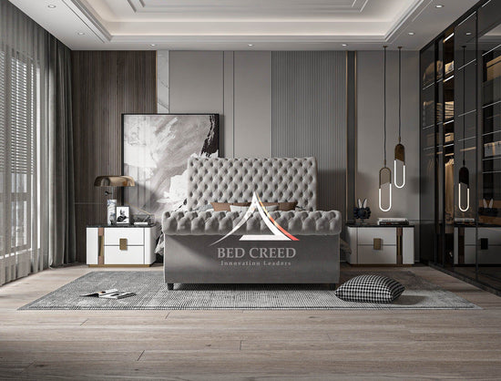 Suave Swan Chesterfield Scroll Sleigh Bed - Bed Creed