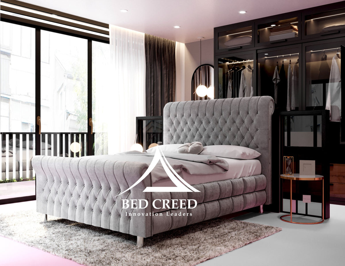 Joyce Upholstered Chesterfield Sleigh Bed | My Prestige Living